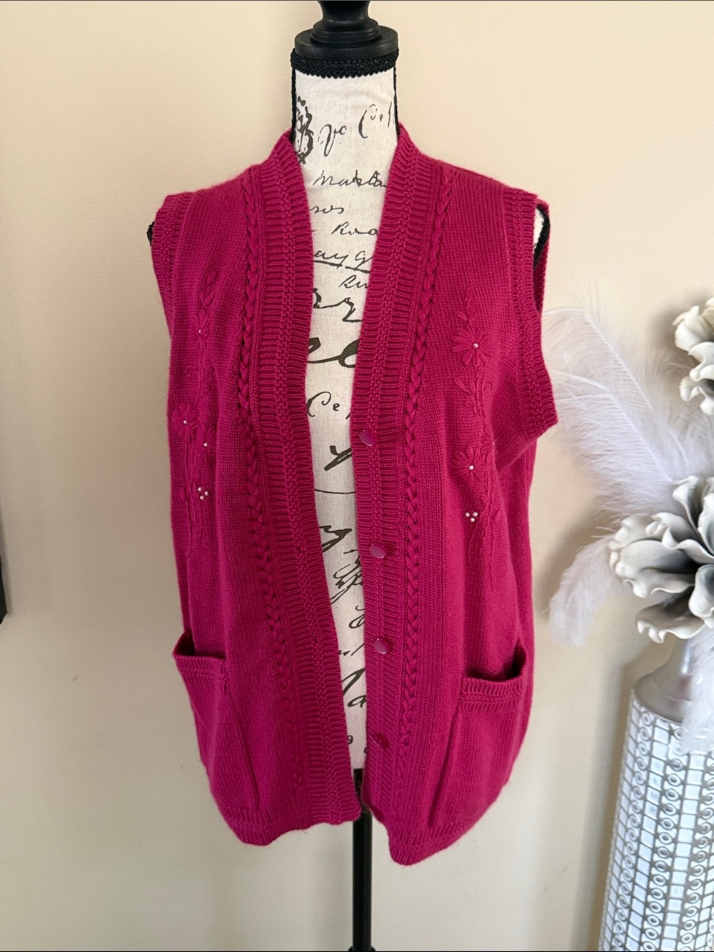 Sleeveless Button-Front Knit Vest in Fuchsia